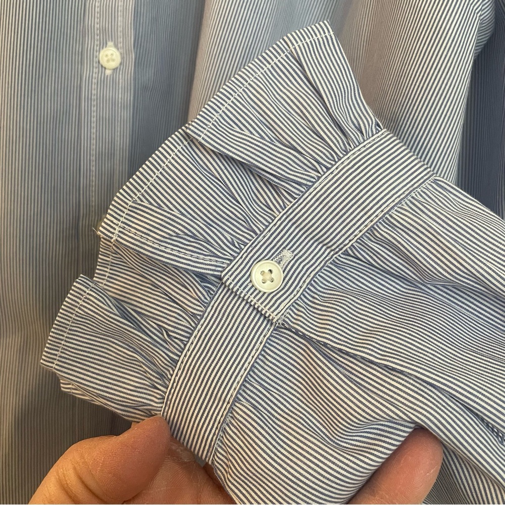 J. Crew Women's Blue and White Stripe Ruffle Button Down Shirt - Picture 8 of 9